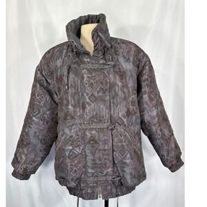 IZZI Vintage 90s 80s Puffer Jacket Geometric Ikat Print Purple Grey Toggle Zip M
